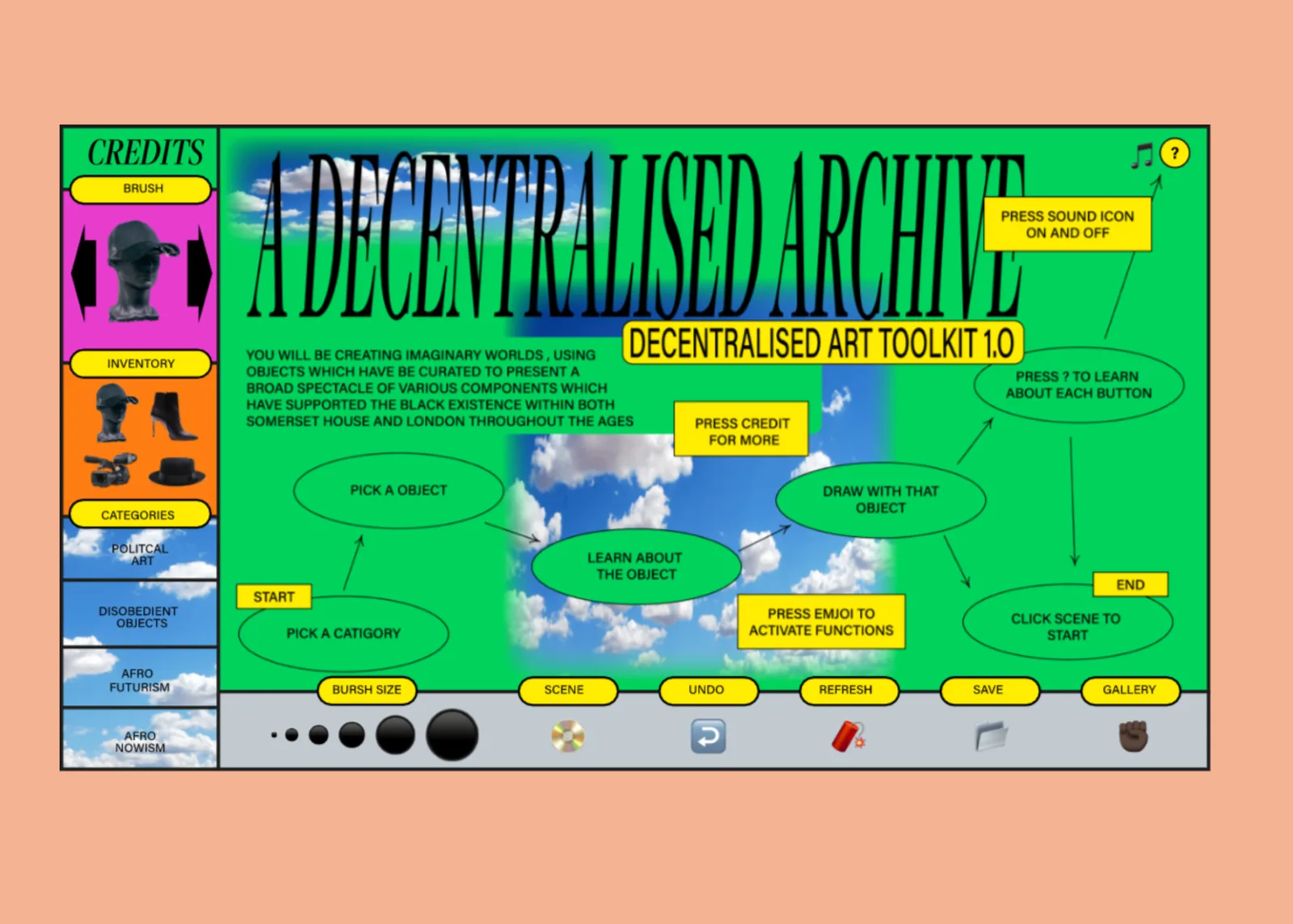 The Decentralised Art Toolkit interface, an interactive archive celebrating Black existence at Somerset House and across London