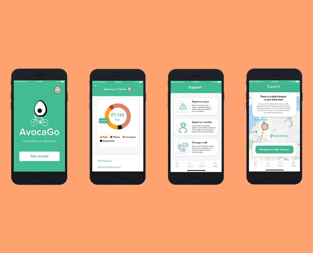 Concept screens for AvocaGo, a fictional gig platform used to prototype financial security features for workers