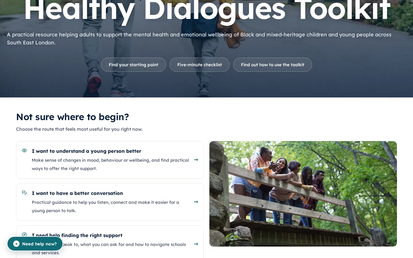 Three starting routes on the home page, from understanding a young person to finding the right support