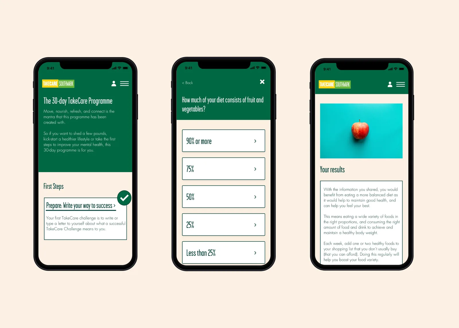 TakeCare Southwark app screens