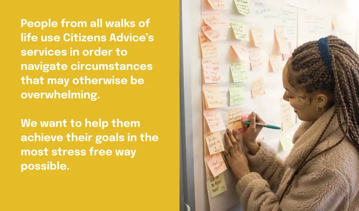 A playbook spread on the people who use Citizens Advice, alongside a workshop wall of post-its