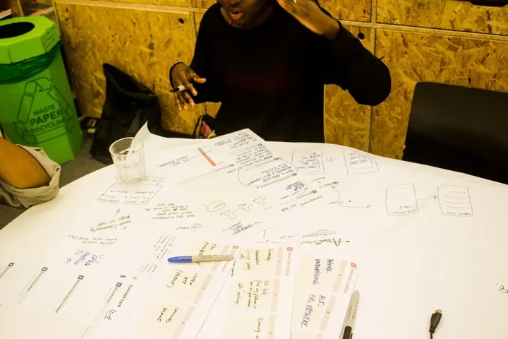 A research workshop table covered in concept cards, sketches and worksheets