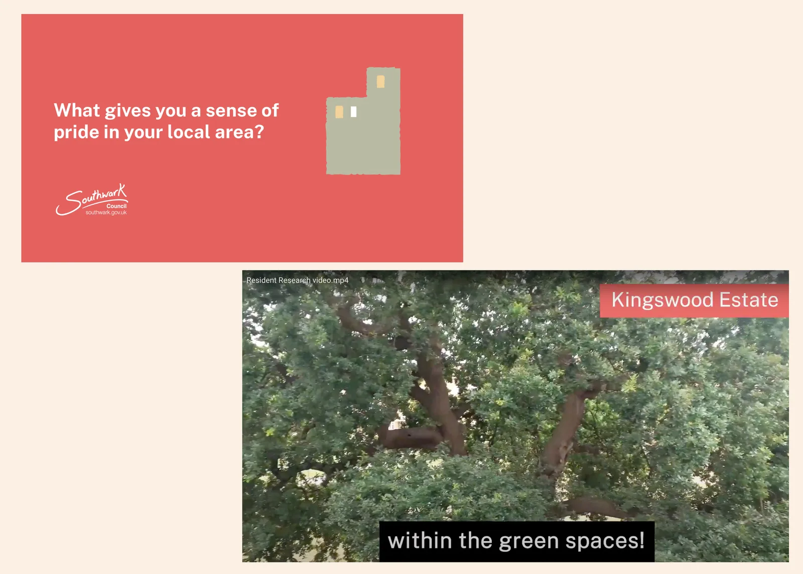 Research slide asking residents what gives them a sense of pride in their local area, with a still from a resident-made video on Kingswood Estate