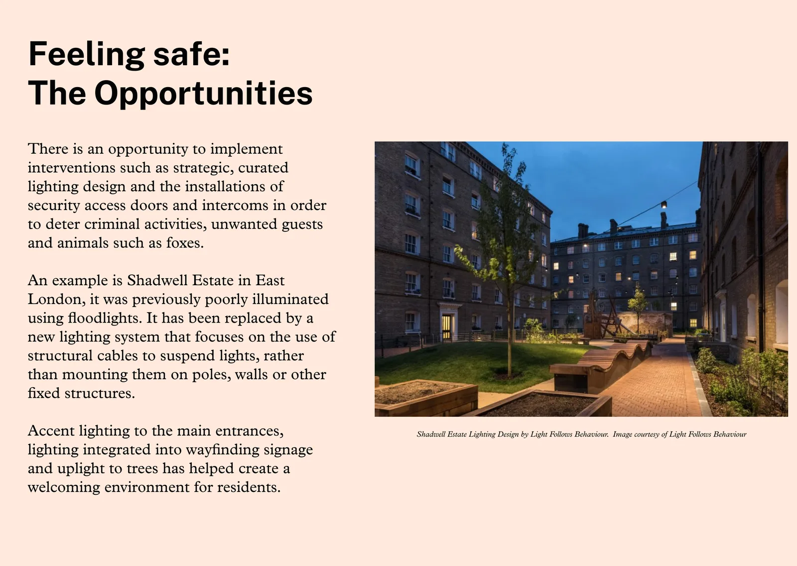 Toolkit spread on feeling safe, showing new lighting design at Shadwell Estate